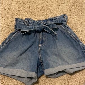 denim paper bag shorts